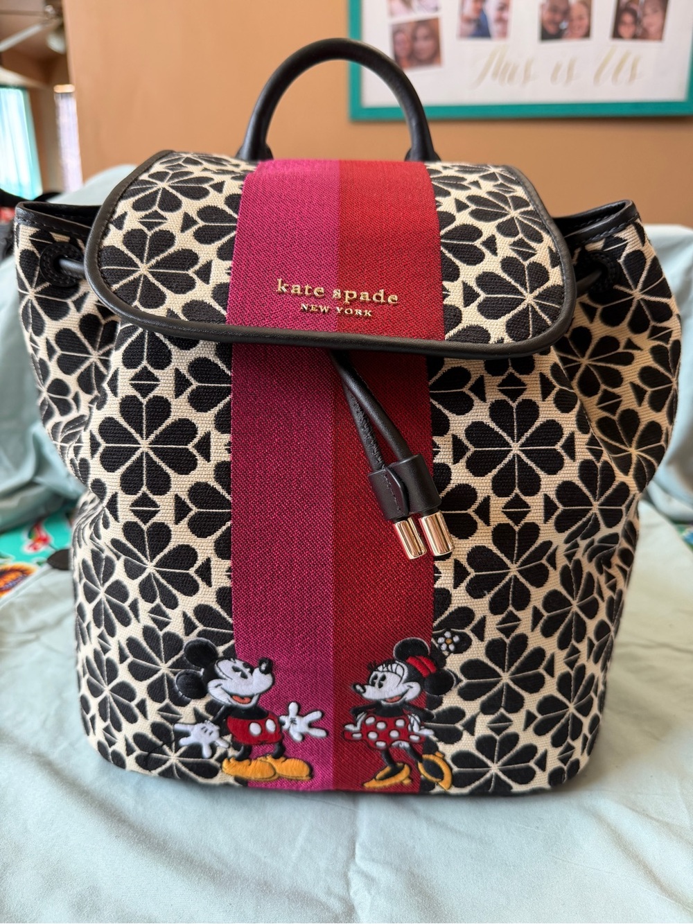kate spade Black & Cream Floral Backpack with Red-Pink Stripe and Disney Patch